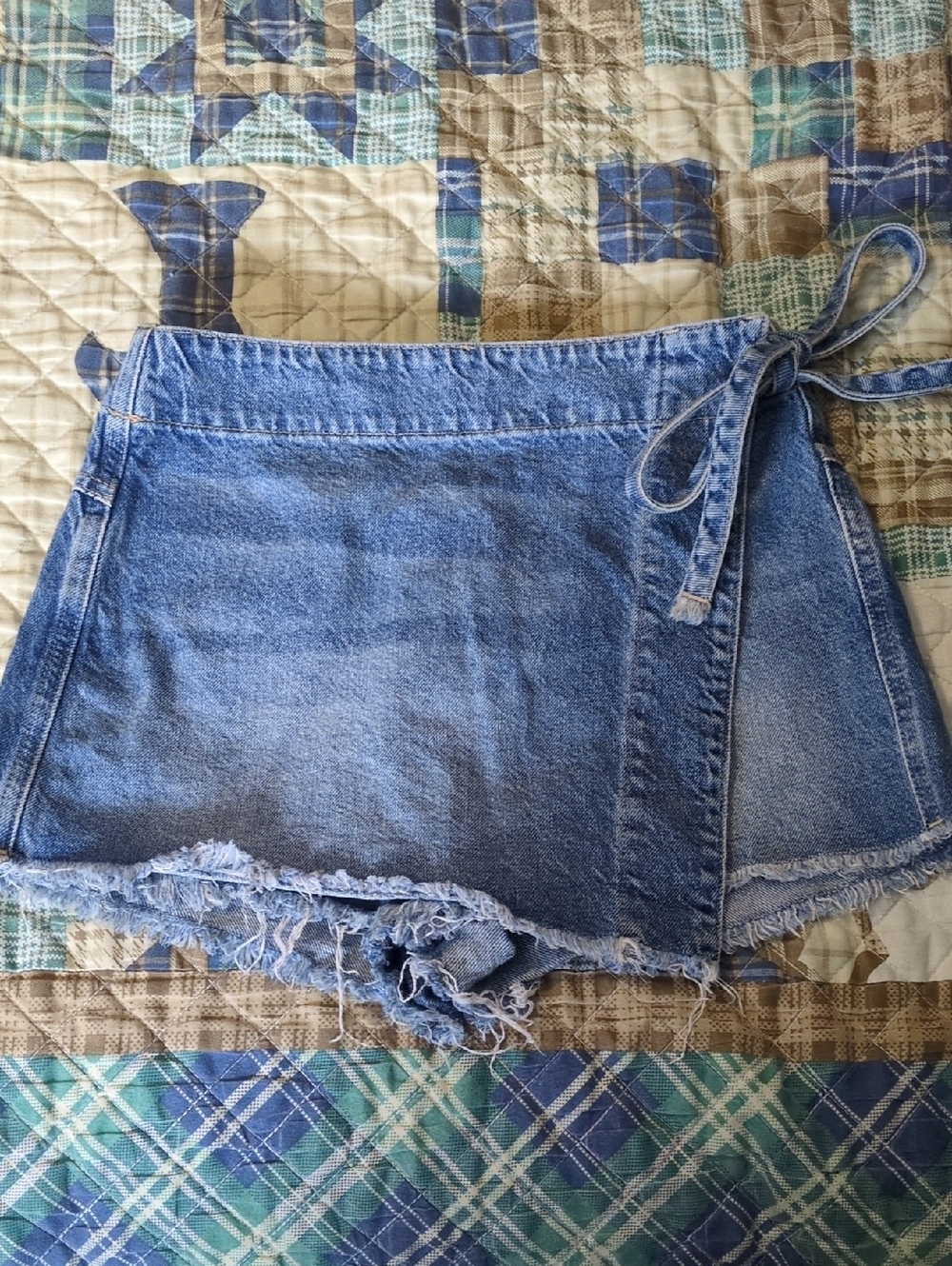 Free People Light Blue Denim Wrap Skort with Frayed Hem